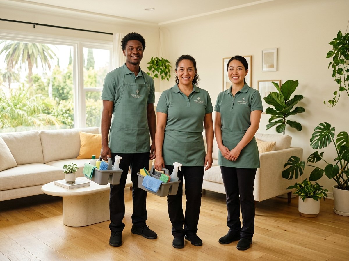 Three friendly LA House Cleaner team members in green uniforms holding cleaning caddies in a bright Los Angeles living room