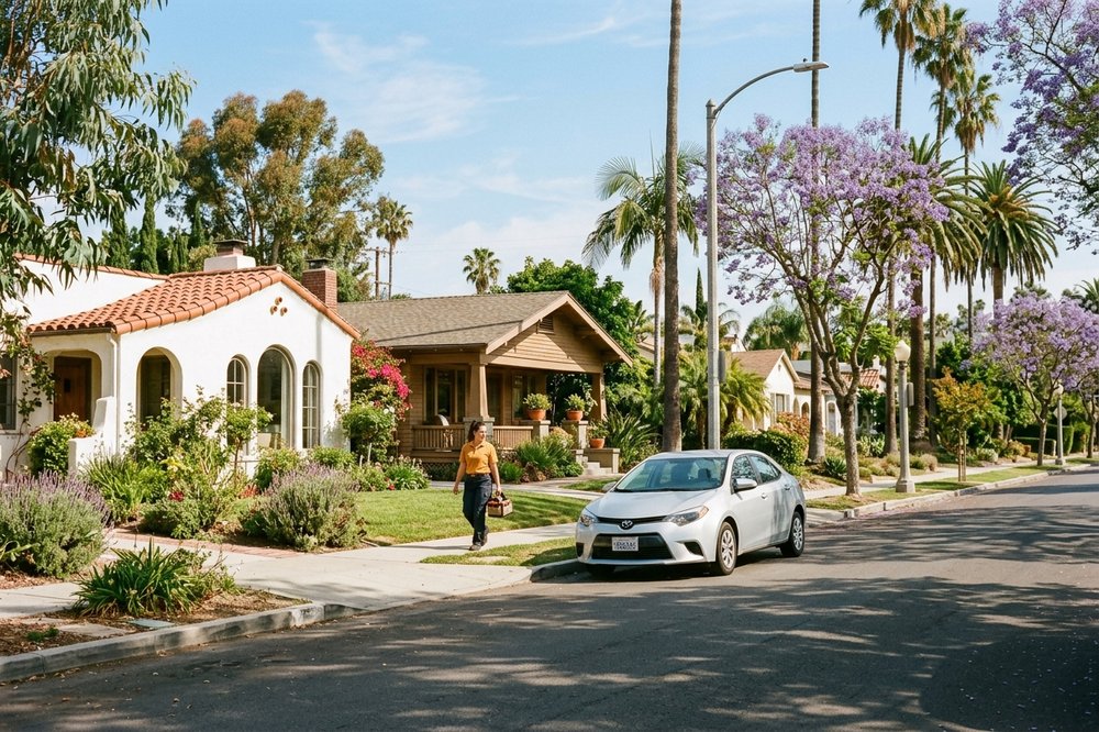 A leafy Los Angeles residential street with Spanish-style and craftsman homes, jacaranda trees and palms