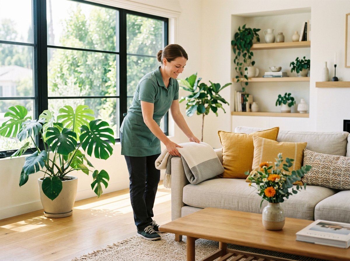 A house cleaner in a green uniform setting a folded blanket on a sofa in a bright, freshly cleaned Los Angeles living room