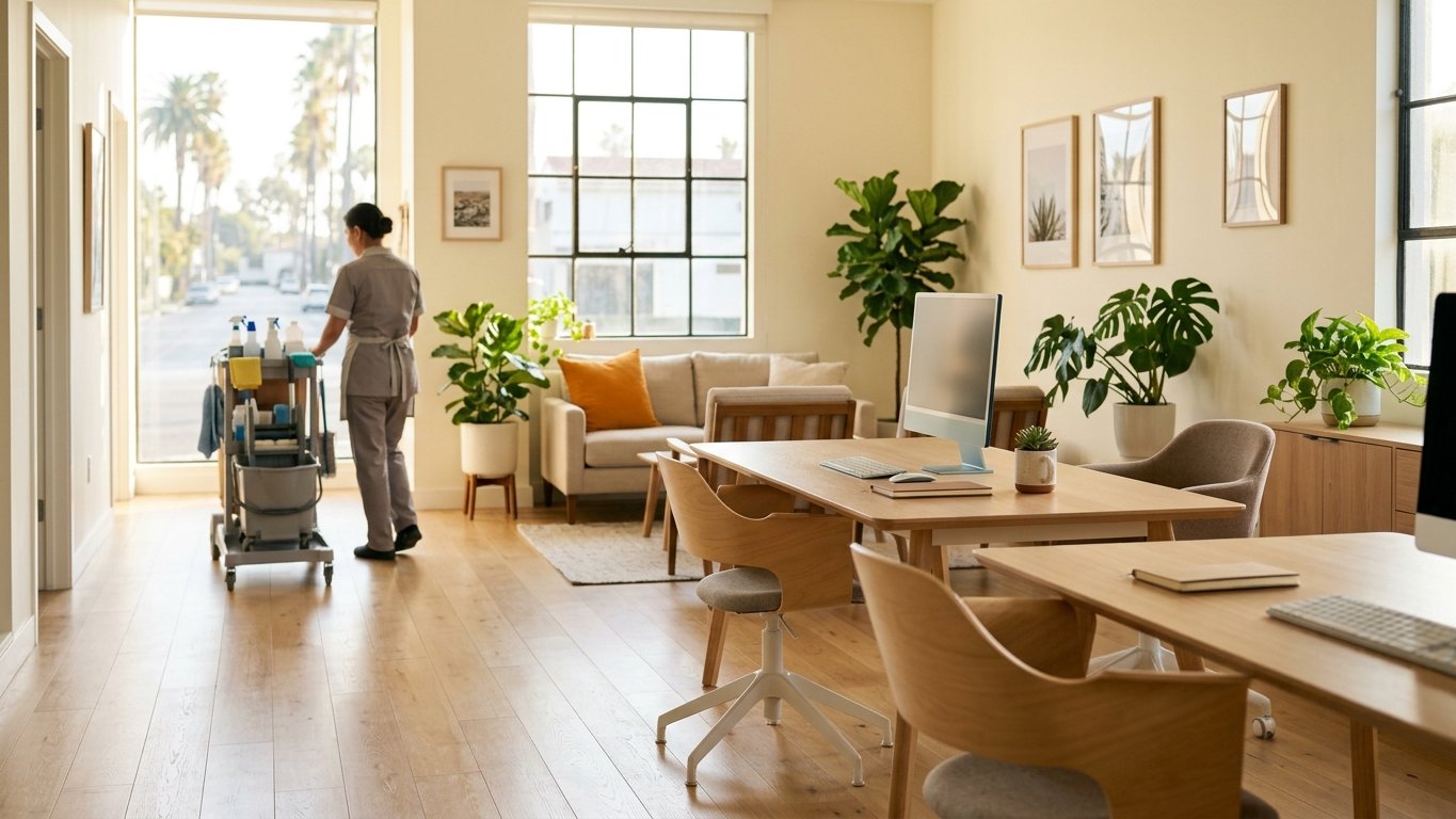 A tidy, freshly cleaned small Los Angeles office with warm sunlight through the windows