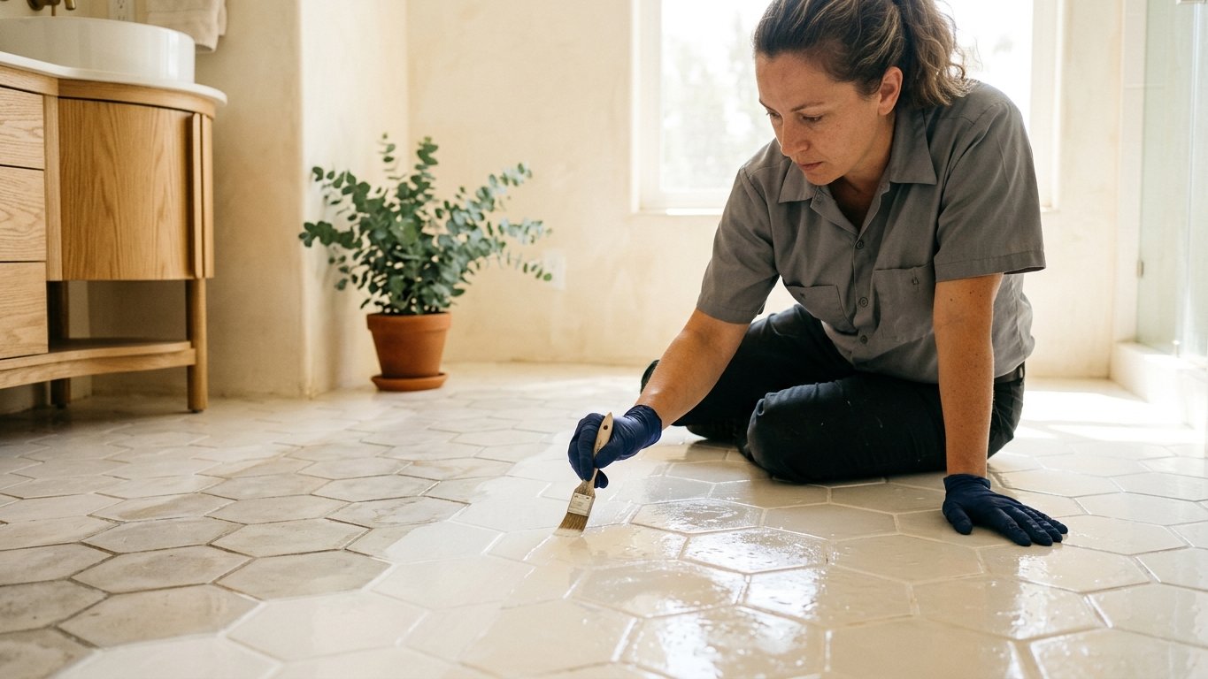 A gloved professional restoring bright bathroom tile and grout in a sunlit Los Angeles bathroom
