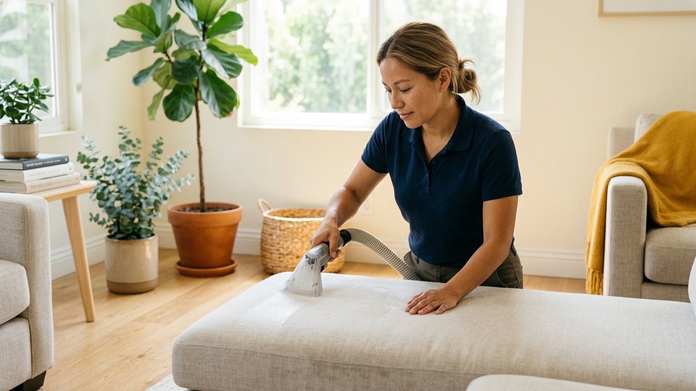 A professional extraction-cleaning a linen sofa cushion in a bright Los Angeles living room