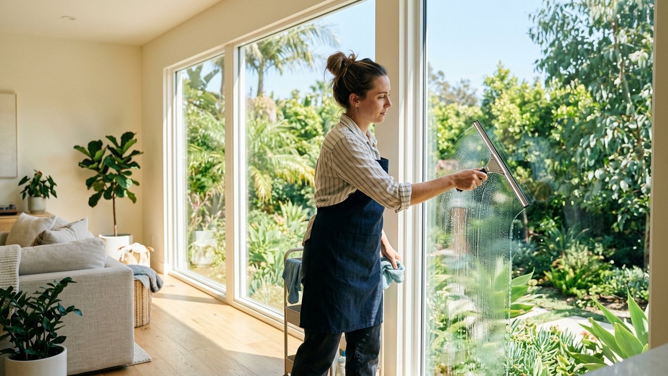 A cleaner drawing a squeegee down a large streak-free window in a sunlit Los Angeles home